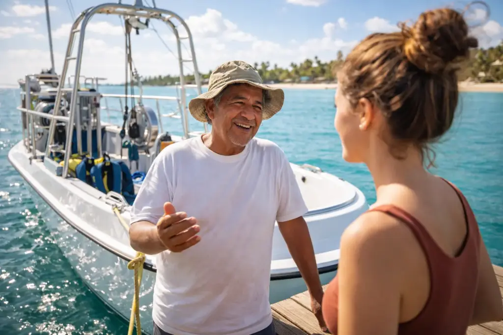 A friendly local captain talking to a tourist near a professional parasailing boat