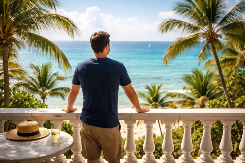 Traveler on a balcony of a vacation rental in San Juan Puerto Rico.