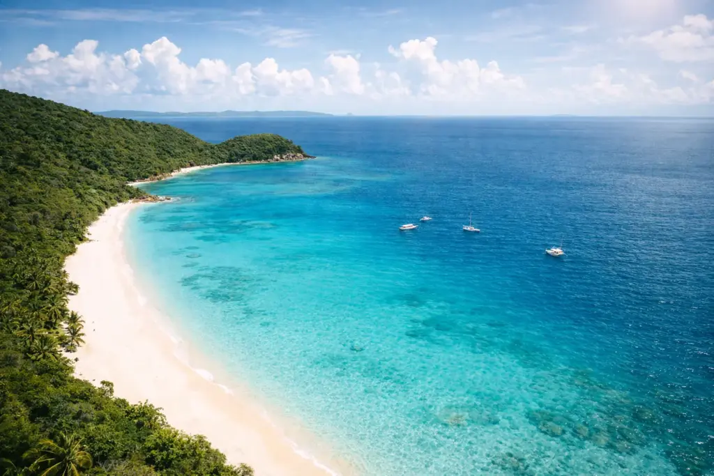 Aerial panoramic view of Flamenco Beach in Culebra with turquoise shallow waters and white sand.