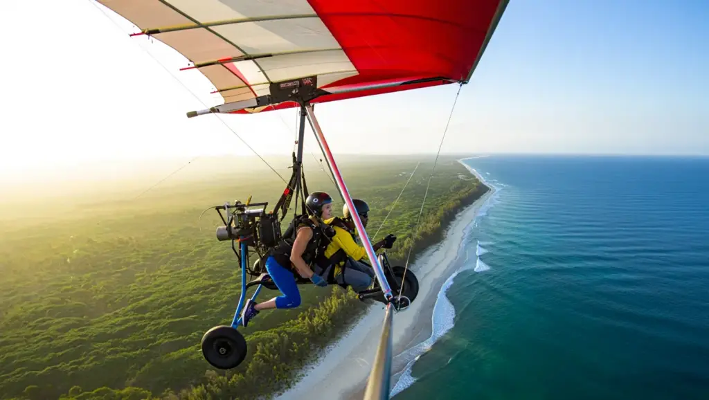 pilot standing on a steep mountain launch site looking out over a tropical valley.