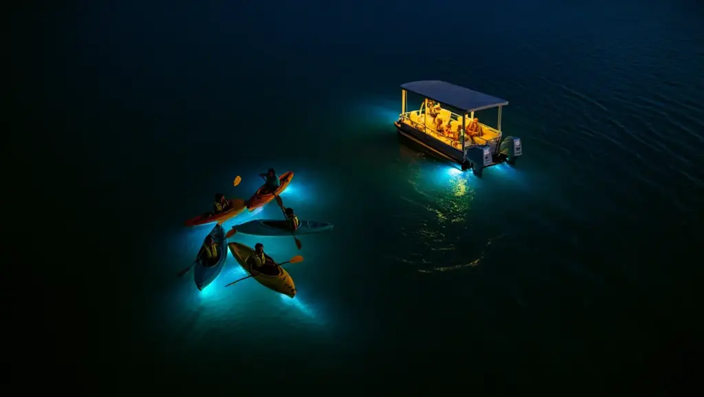 Side-by-side view of kayakers and pontoon boat in Laguna Grande