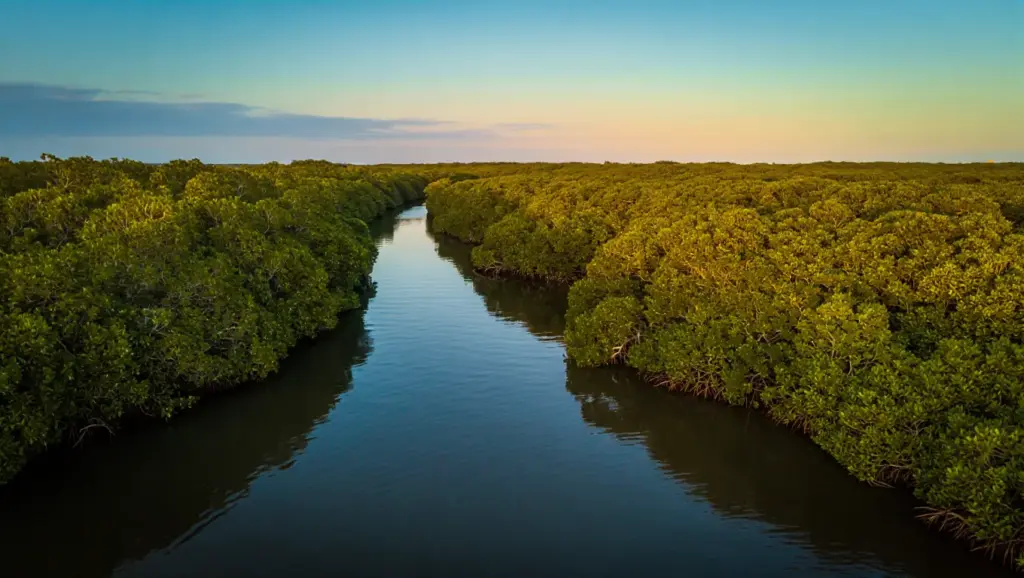 Aerial view of Laguna Grande mangrove corridor in Fajardo at dusk