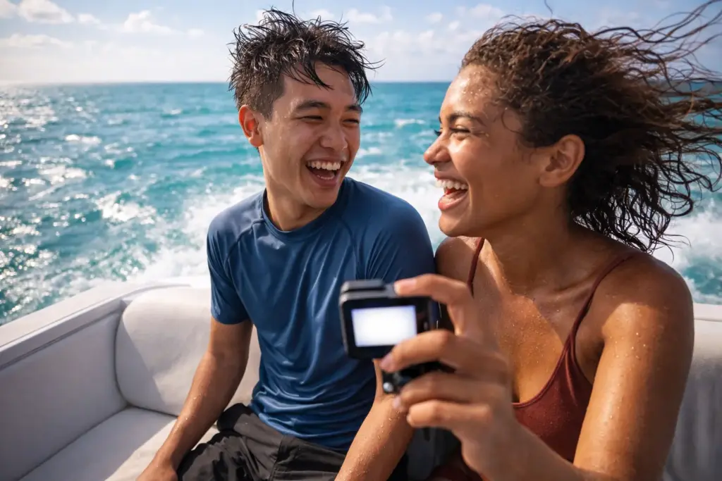 Two friends laughing and looking at a camera screen on a boat.