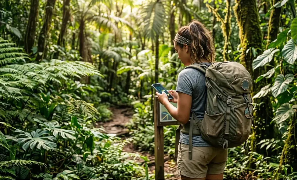 A traveler holding a smartphone with a blank glowing screen standing at a forest trailhead.
