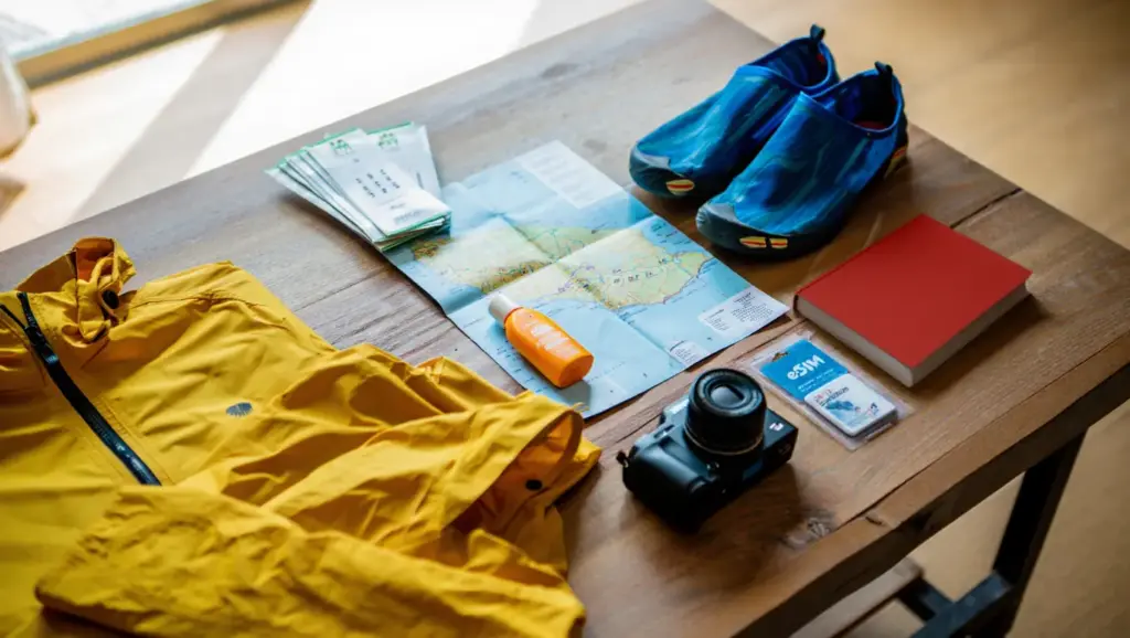 Travel planning materials showing ferry tickets, maps, and packing items for Puerto Rico trip