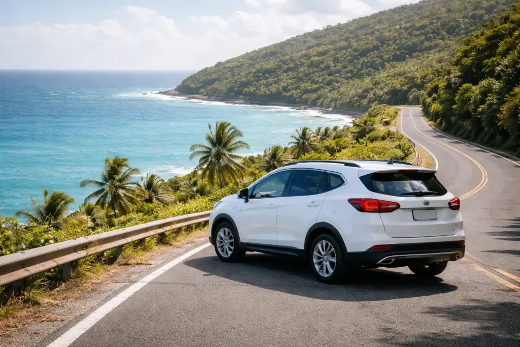 A white rental car parked on a scenic coastal road next to the ocean.