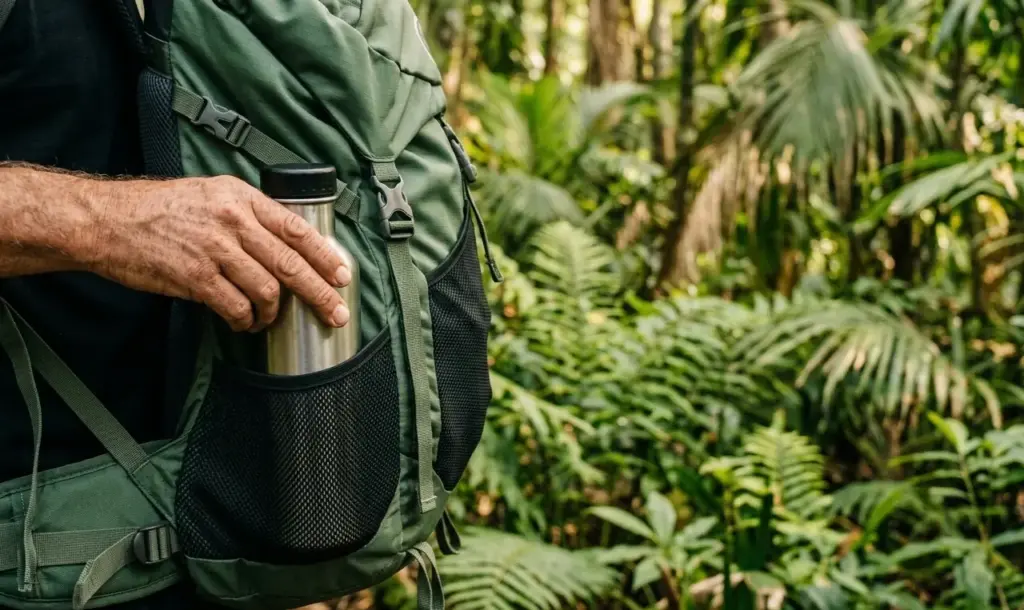 A close-up of a hand placing a reusable water bottle into a backpack side pocket in the forest.
