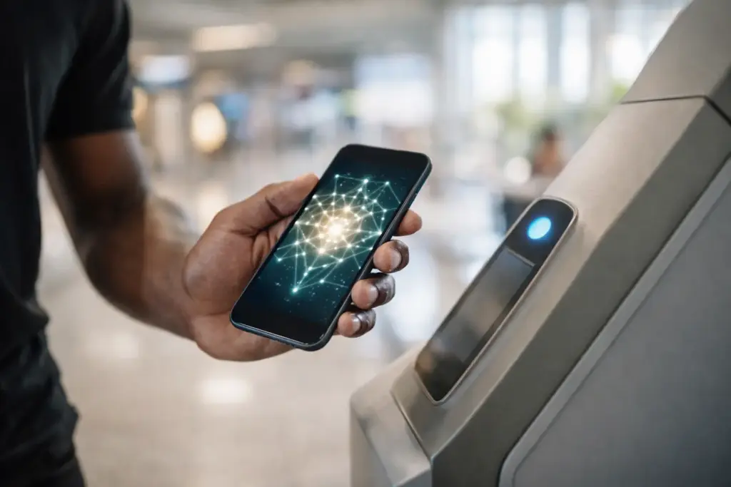 A close-up of a person’s hand holding a smartphone near a glowing, abstract airport security scanner.