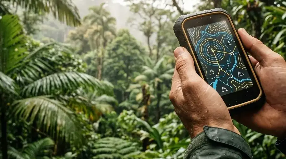A person checking a smartphone with abstract geometric maps in a dense forest setting.